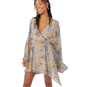 Free People Teegan Floral Print Long Sleeve Mini Dress in Sky Combo Size Sm